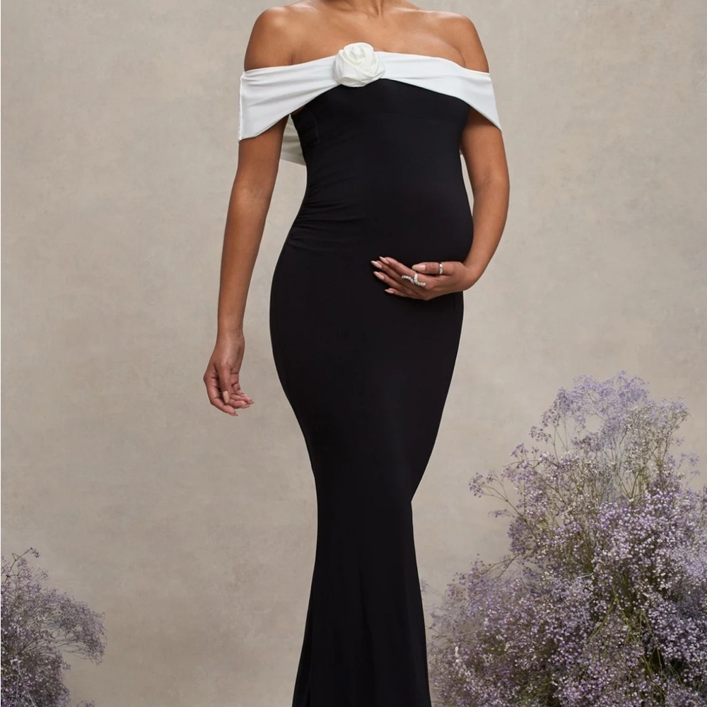 Club L London Black Strapless Maternity Gown with White Off-Shoulder Detail